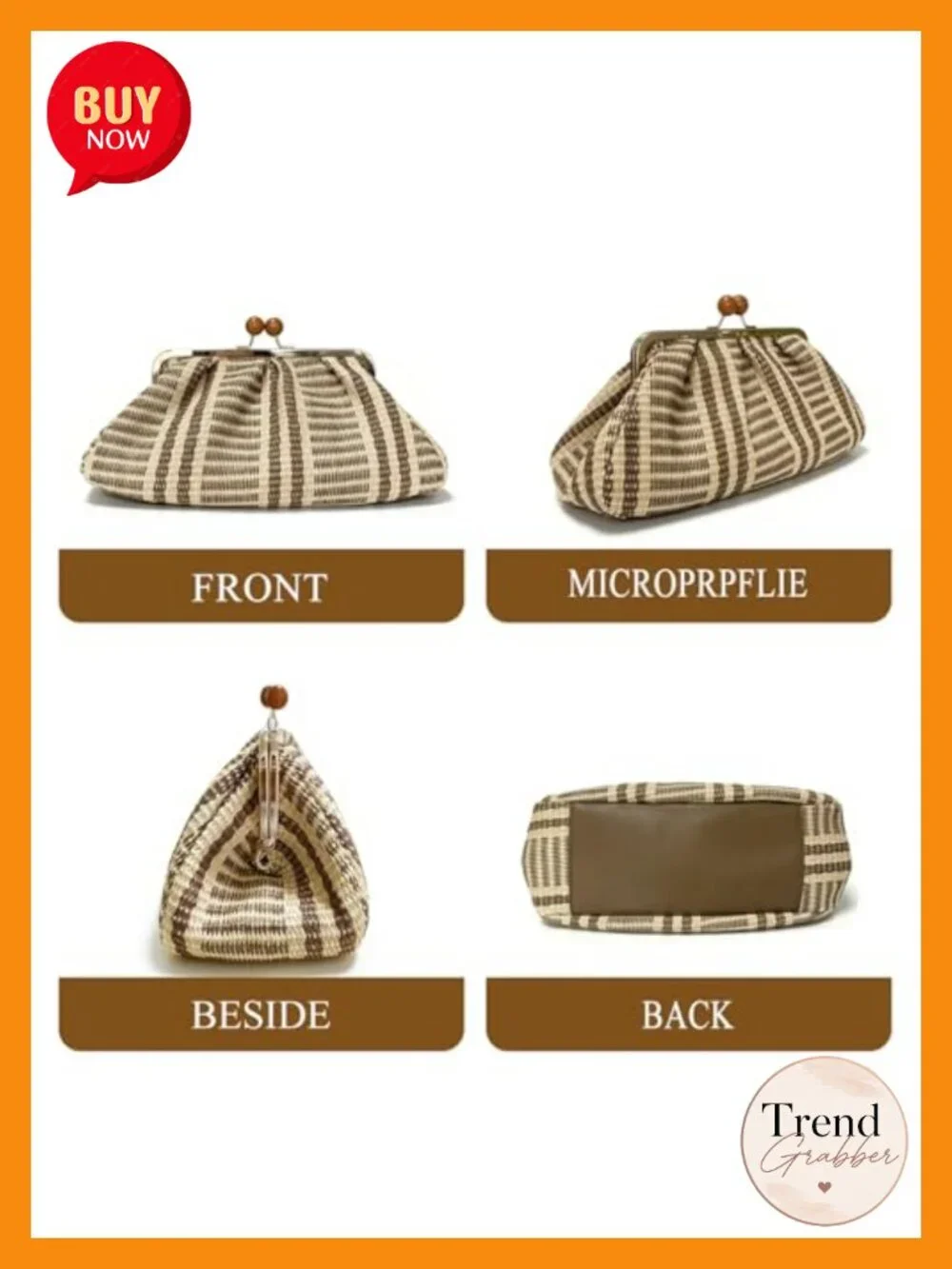 Handwoven Straw Clutch Purse with Kiss Lock Closure, Dumpling Shape Beach Bag